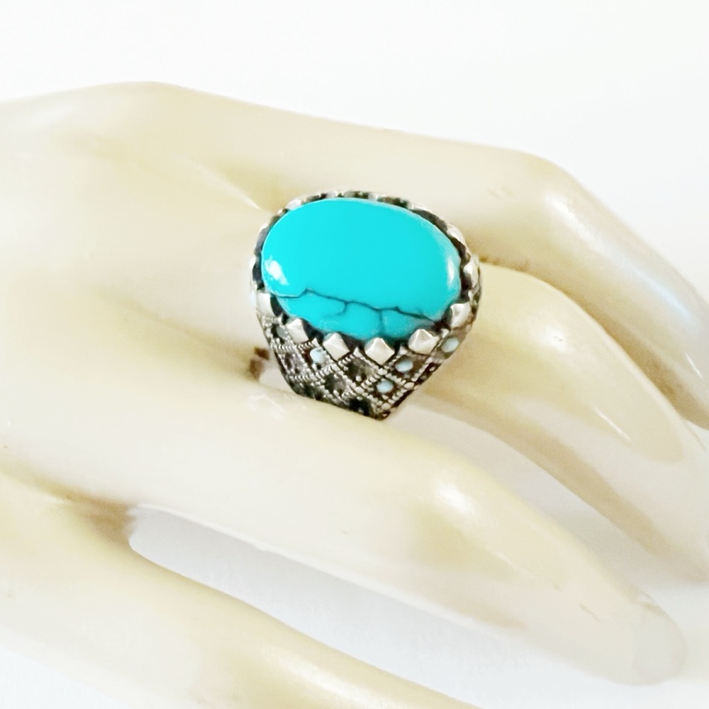 Turquoise Stone Solid 925 Sterling Silver Turkish Handmade Men's Luxury Ring